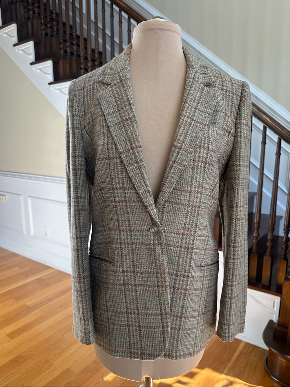 100% Wool Tailored Women's Plaid Single-Button Blazer - Beige Multi